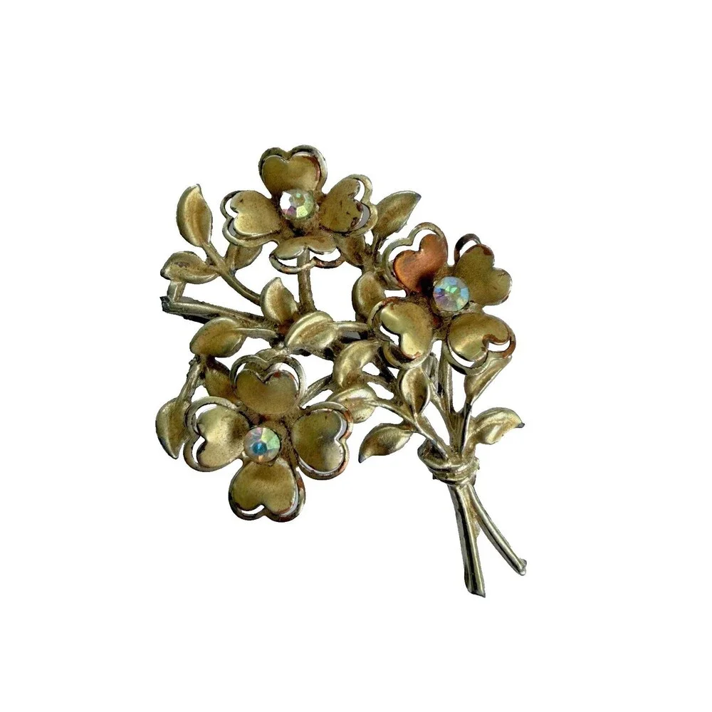 Vintage 1950 Coro Floral Spray Brooch Gold Tone AB Rhinestone Flower Bouquet Pin
